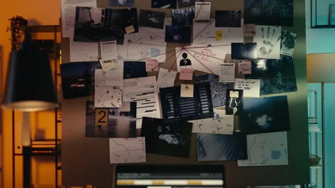 A detective's workplace with police software on laptop and an evidence board Stock-Footage 302920836