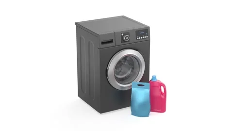 Detergent bottle and powder bag in front of washing machine Stock Footage 328543076