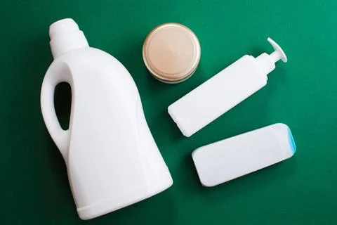 Detergent bottle pattern. White plastic bottles of cleaning products White... Stock Photos