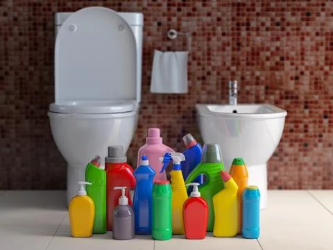Detergent bottles and containers. Cleaning supplies in wc bathroom toilet  in 스톡 일러스트