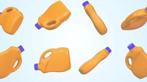 Detergent Bottles Falling on a Light Blue Background. 3D Plastic Bottles. 4K Stock Footage 305573714