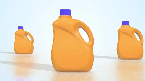 Detergent Bottles on a Light Reflective Floor. Plastic Bottle 3D Animation. 4K Stock Footage 305573698