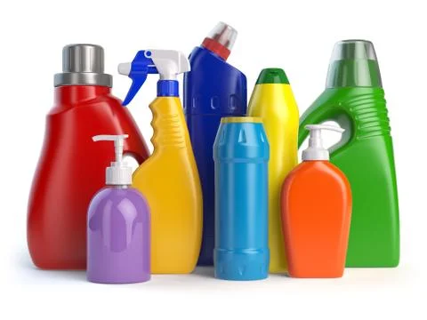 Detergent bottles or containers. Cleaning supplies isolated on white backgr.. Stock Illustration