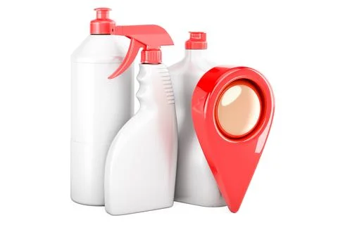 Detergent, cleaning products with map pointer, 3D rendering イラスト素材
