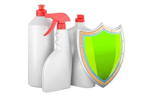 Detergent, cleaning products with shield. 3D rendering Stock Illustration