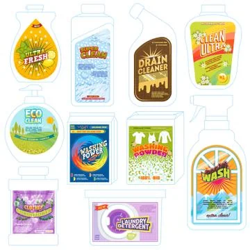 Detergent package vector cleaner washing product pack template illustration set Ilustração Stock