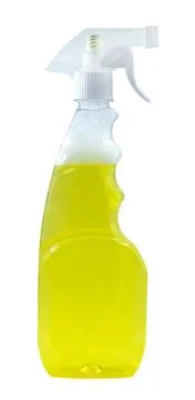 Detergent spray bottle on a white background. Isolate clear plastic bottle .. Stock Photos