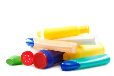Detergents in plastic containers on white background. Stock Photos