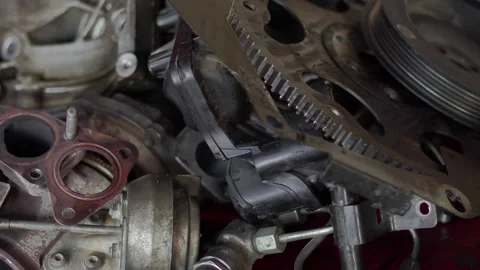 Deteriorated Car Engine Parts in the Workshop Stock Footage 154834827