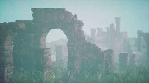Deteriorating castle atop hilly terrain Stock Illustration