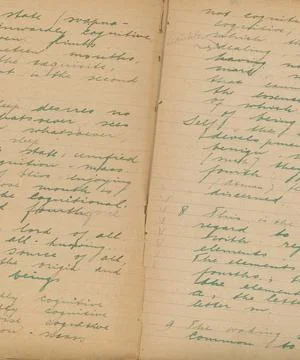 Deteriorating old notebook with script in English Stock Photos