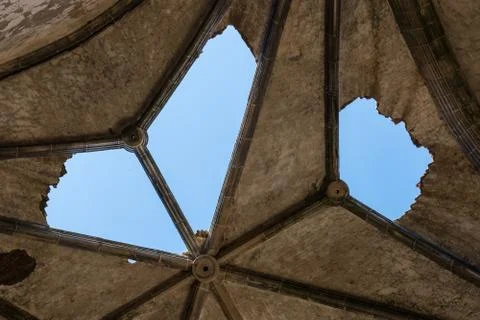 Deterioration of the Gothic vaults of the abandoned convent of San Antonio de Stock Photos