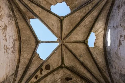 Deterioration of the Gothic vaults of the abandoned convent of San Antonio de Stock Photos
