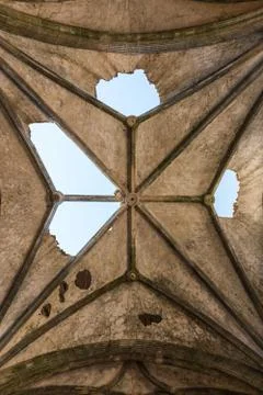 Deterioration of the Gothic vaults of the abandoned convent of San Antonio de Stock Photos