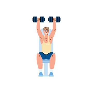 Determined bodybuilder lifting weights while sitting on bench press Stock Illustration