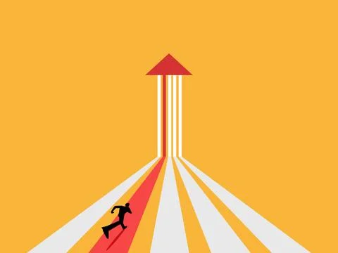 Determined businessman runs on a path of arrows pointing to a single goal Stock Illustration