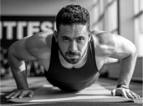 Determined Man Performing Push-ups in a Gym 스톡 일러스트