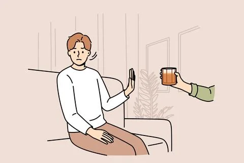 Determined man refuses alcohol, demonstrates stop gesture, sitting on sofa near Stock Illustration