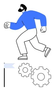 Determined Man Running Towards Goal Flag with Gears Illustrating Progress a.. Stock Illustration