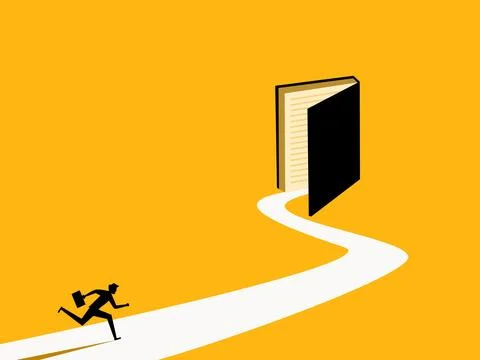 Determined to study and research. man running to the open book door Stock Illustration