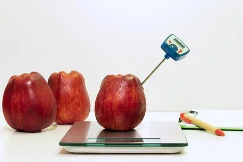 Determining temperature in an apple, food control and food safety 库存照片