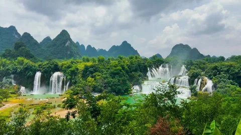Detian Ban Gioc Waterfall Panoramic View with Karst Mountains Stock Footage 337737933
