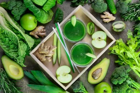 Detox green smoothies concept, view from above arrangement Stock Photos