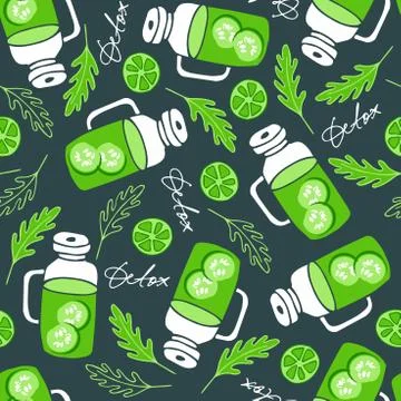 Detox seamless pattern. Green liquid with cucumbers slice in smoothie mug, lime Illustrazione stock