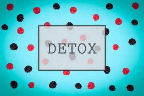 DETOX word title presentation on raspberry blackberry background Illustrazione stock