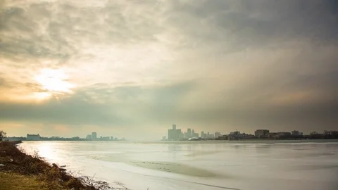 Detroit - Belle Isle View of Skyline Sunset - 4K Timelapse Video stock 122062853