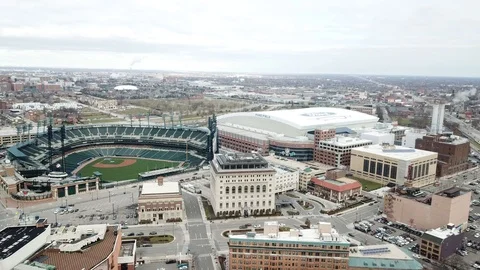 Detroit Drone Footage of Ford Field and Comerica Park Stock Footage