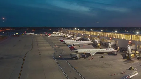 Detroit MI Delta Airlines Jets Parked at DTW McNamara Terminal Gates Stock Footage