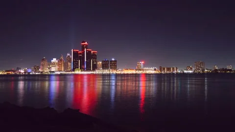 Detroit Night Skyline Time Lapse View From Windsor Stock Footage