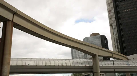 Detroit People Mover and tunnel to Renaissance Center Stock Footage