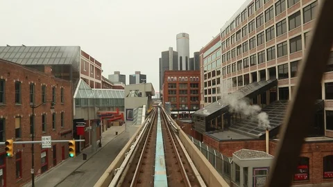 Detroit People Mover Elevated Train View of GM Renaissance Center Stock Footage 127241041