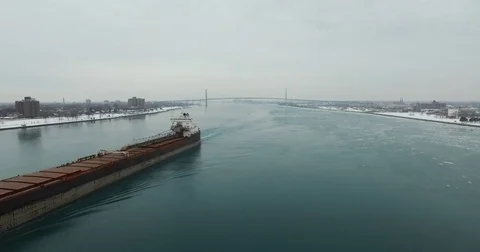 Detroit River Barge Pull Back Aerial 4K Stock Footage 71123771