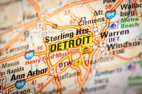 Detroit on a road map Stock Photos