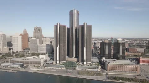 Detroit Skyline Aerial Pullback Shot Stock Footage 231602018