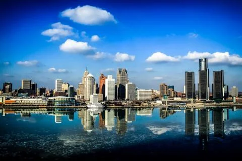 Detroit Skyline Day Blue Icy River Stock Photos