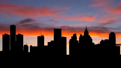 Detroit Skyline at Dusk, Time lapse with Colorful Sky, Clouds and Skyscrapers Stock Footage 112927353