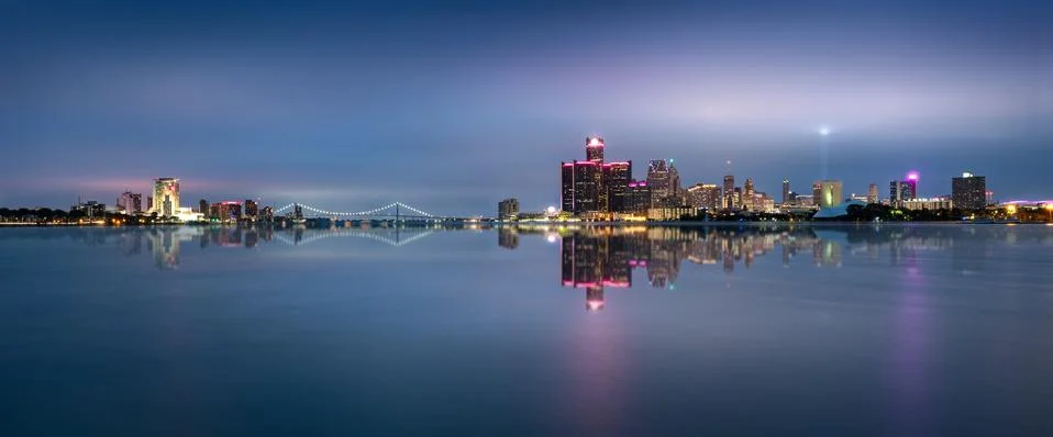 DETROIT SKYLINE by night and lights Stock Photos