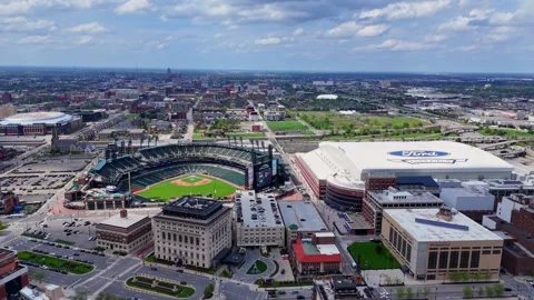 Detroit skyline showcasing Comerica Park and Ford Field stadiums in aerial view Stock-Footage 330855853