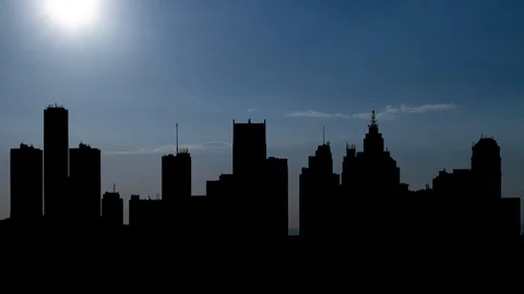 Detroit Skyline at Sunset, Time lapse with Colorful Sky and Skyscrapers, USA Stock Footage 112927586