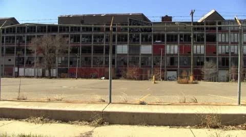 Detroit's abandoned and deteriorating Packard Auto Plant drive-by Video stock 20511764