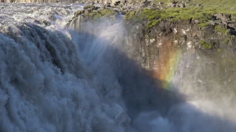 Dettifoss Slow Motion Waterfall Rainbow in Sunlight Ray Stock Footage 256715622