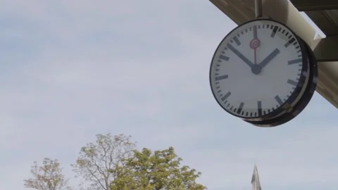 Deutsche Bahn, DB clock on a railway station in Germany, static shot, blue Video stock 245432489