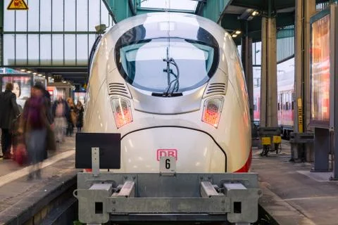 Deutsche Bahn ICE Bullet Train Closeup Side Train Station Parked Winter 2017  Stock Photos