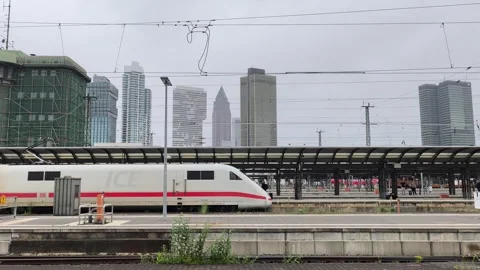 Deutsche Bahn ICE Train Arriving at Platform with Frankfurt Skyline Stock-Footage 341490191