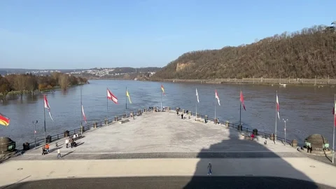 Deutsches Eck Koblenz with Rhine and Moselle Confluence in Sunlight Stock Footage 338088622
