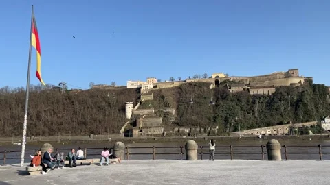 Deutsches Eck Koblenz with Rhine River and Ehrenbreitstein Fortress Stock Footage 338088619